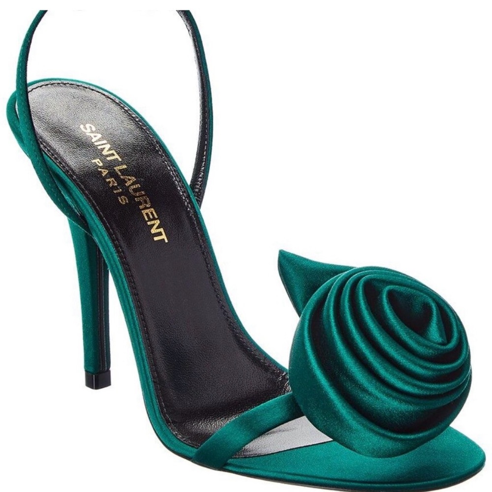 Saint Laurent Green Ivy Flower Satin Heels